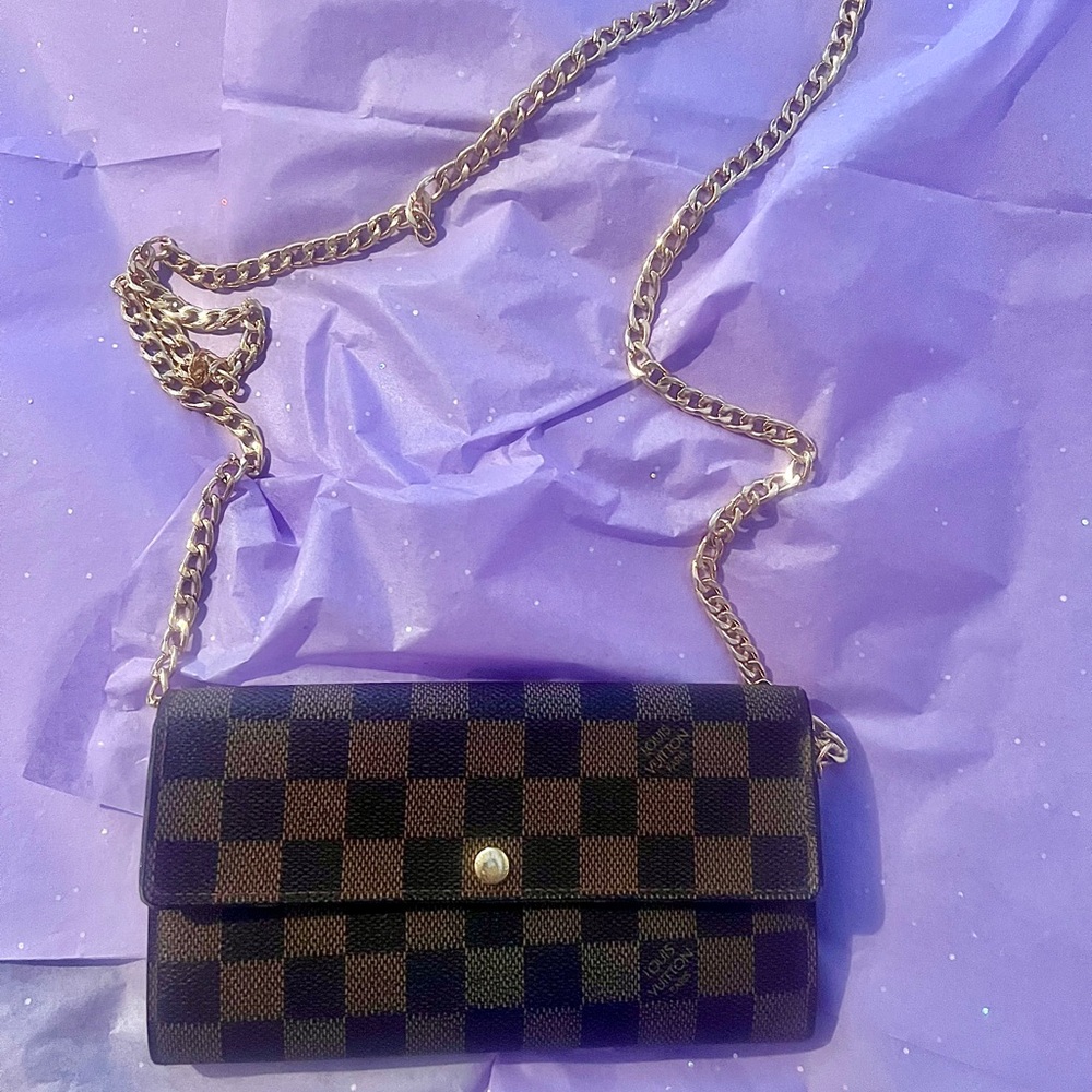 Louis Vuitton Checkered Brown Wallet with Gold Chain